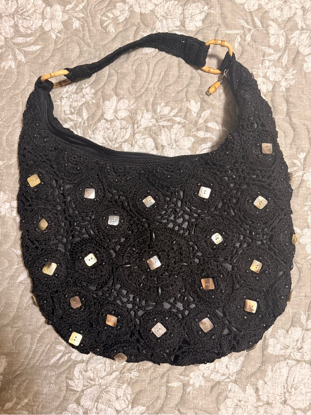 * Vintage The Sak Black Crochet Shell Button Bamboo Ring Hobo Shoulder Bag EUC